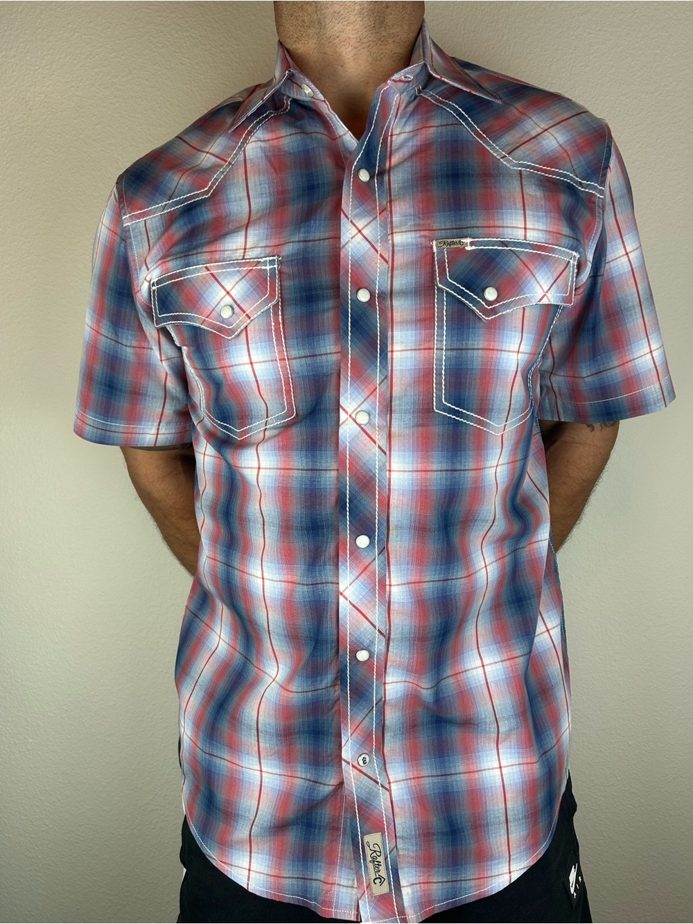 Rafter C Cowboy Collection Western Snap Shirt Men's M Red Blue Plaid Stretch
